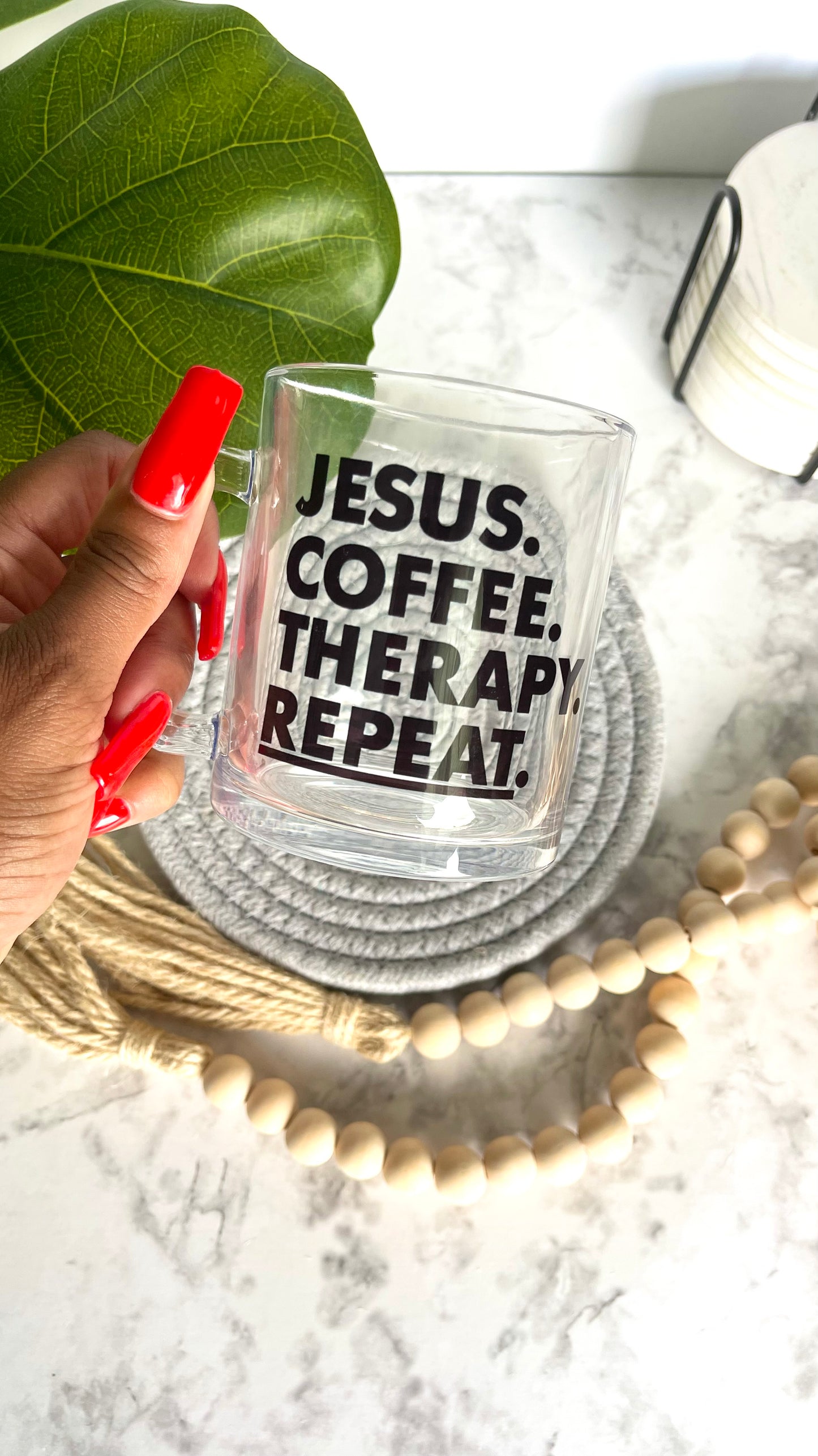 Jesus, Coffee & Therapy Glass Coffee Mug