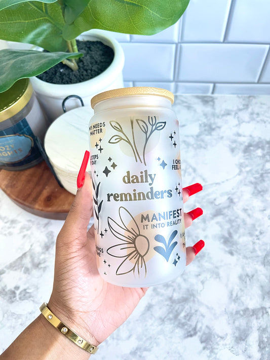 Frosted Glass Cup with Bamboo Lid (Daily Reminders)