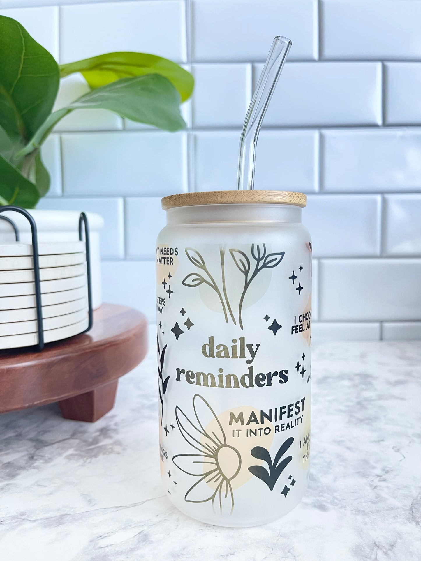 Frosted Glass Cup with Bamboo Lid (Daily Reminders)