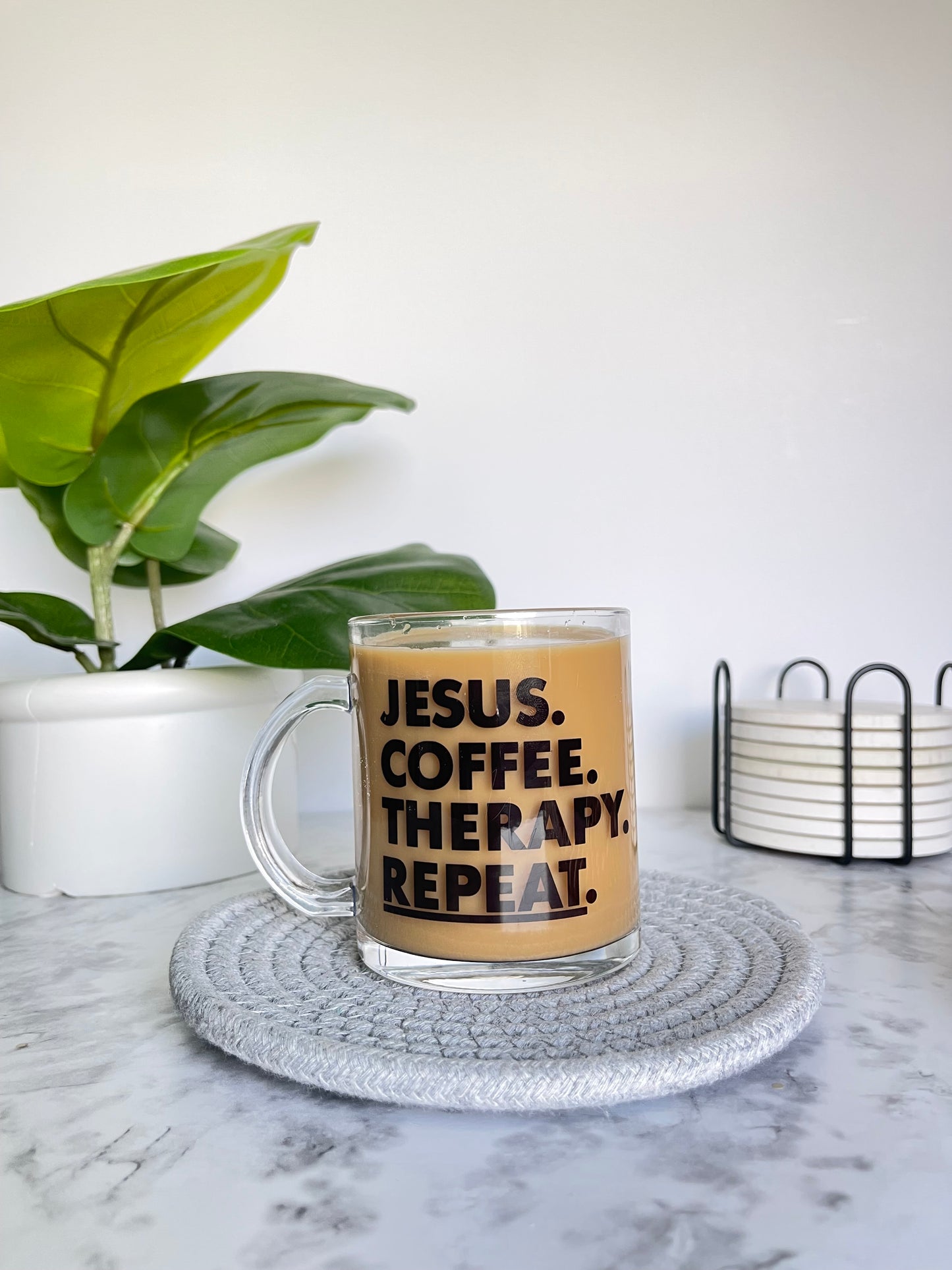 Jesus, Coffee & Therapy Glass Coffee Mug